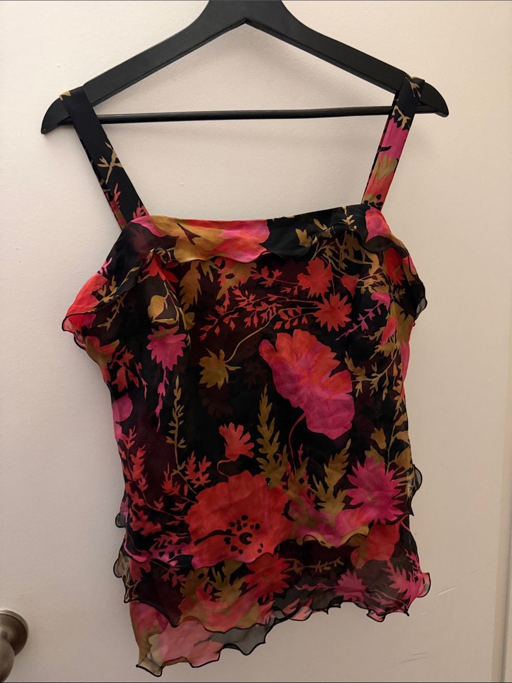 Silk Floral  Camisole Tank Top - Black with Pink & Red Floral